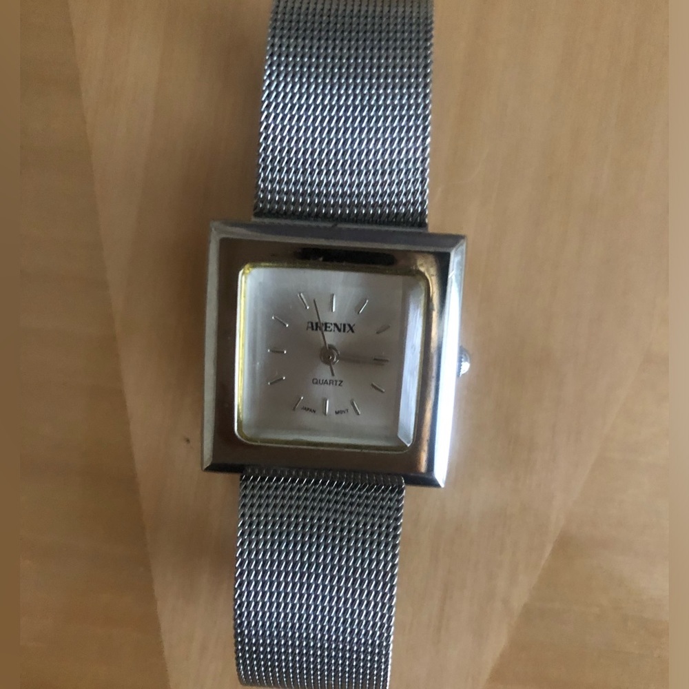 Gold colour square face watch, silver mesh strap, quartz, Japanese movem…